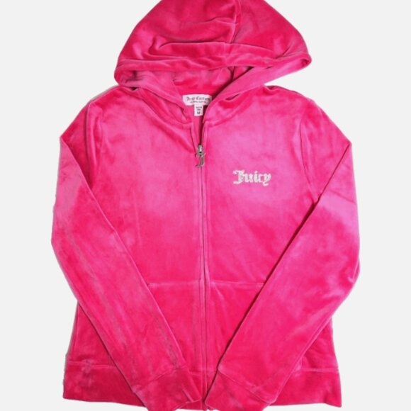 Juicy Couture Women’s M Pink Velour Zip Hoodie Rhinestone Logo Tracksuit Jacket - Picture 3 of 9